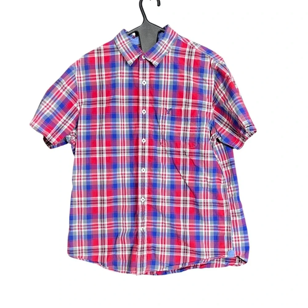 American Eagle Mens Size Short Sleeve Large Shirt Red Blue Plaid Vintage Fit‎